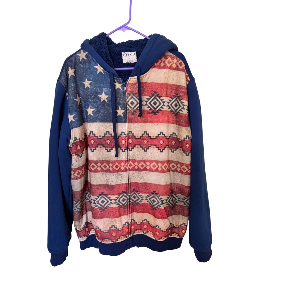 Hybrid Threads Mens XL American Flag Southwestern Sherpa Lined Zip Up Hoodie